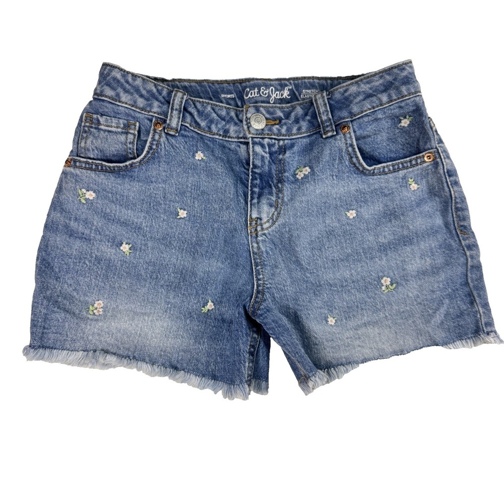 Cat and Jack Denim Shorts Girl's Size 10 - 12 Daisy Embroidered Raw Edge Hem